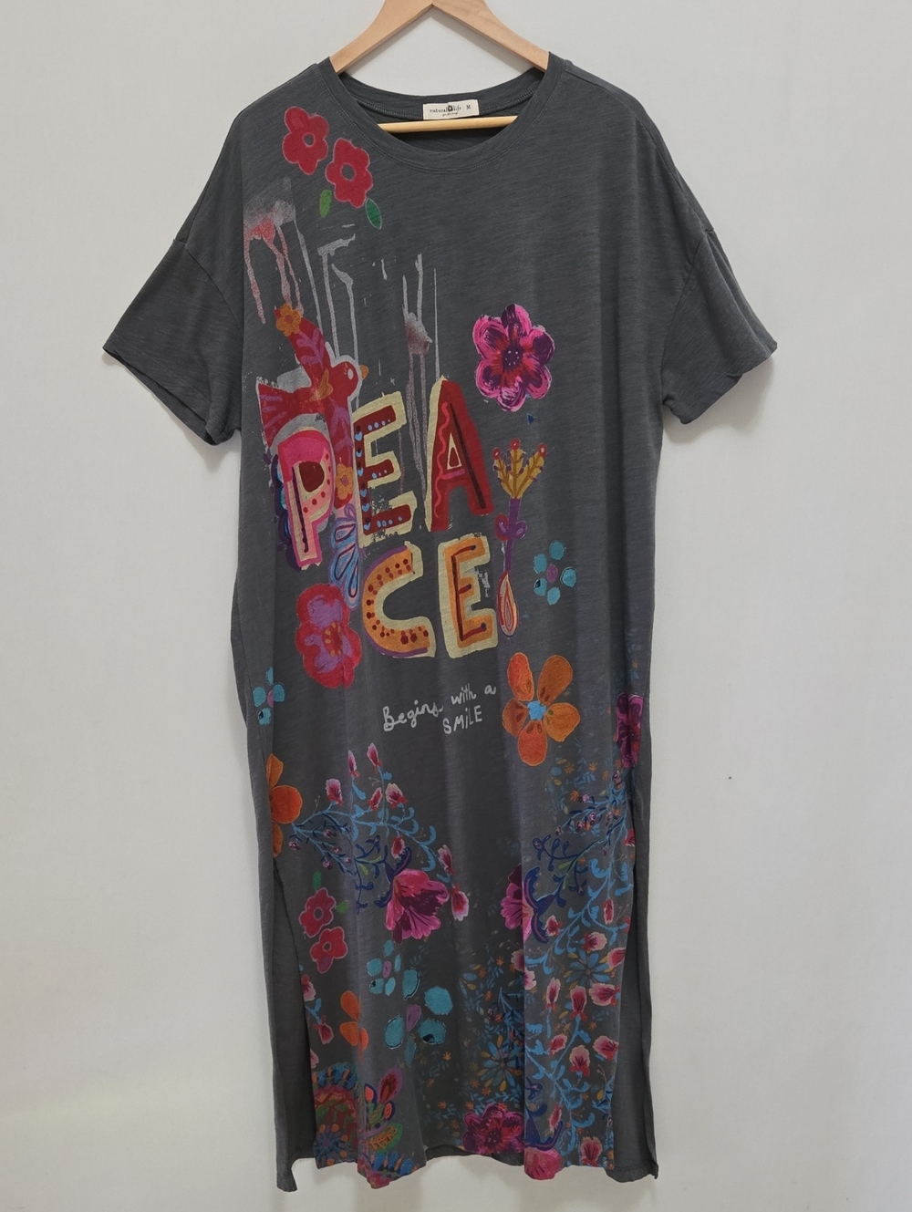 Life Is A Canvas Cotton Maxi T-Shirt Dress Natural Life Peace Floral - Picture 12 of 13